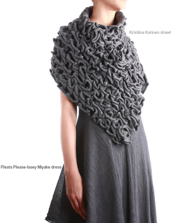 Pleats Please-Issey Miyake dress, Kristiina Karinen shawl
